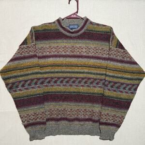 Vintage Lands End Sweater Womens L 14-16 Shetland Wool Nordic Fair Isle Knit 90s